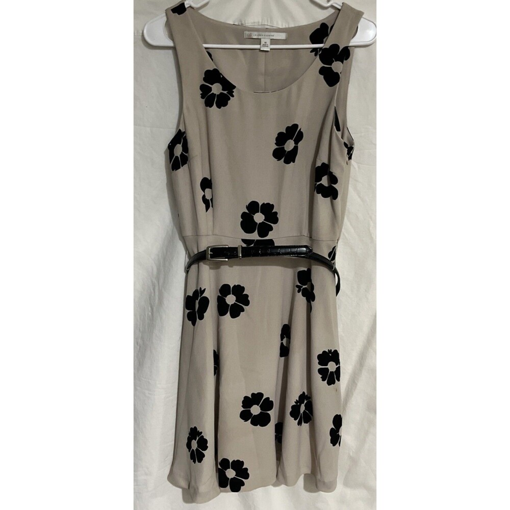 LC Lauren Conrad Dress Belted Size 10 Tan with Black Floral Print A-line Knee